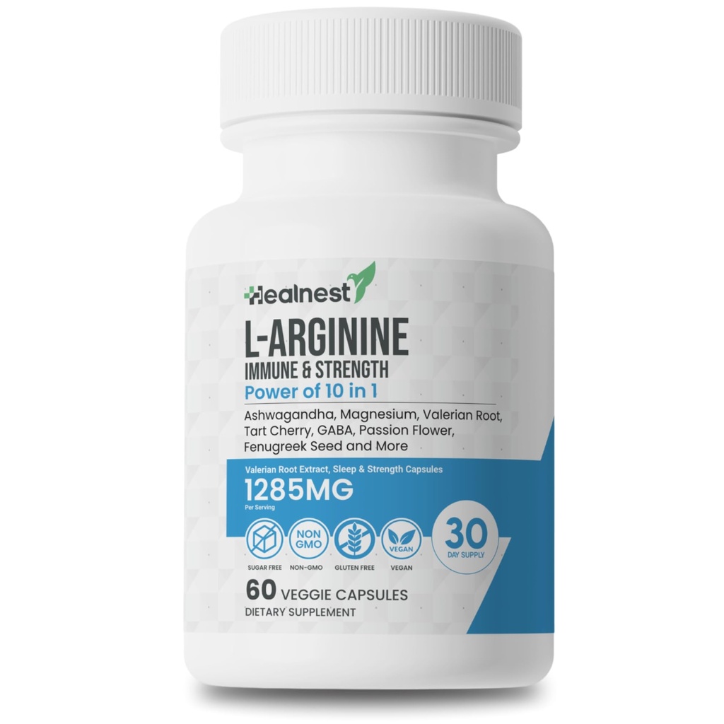 Capsulele L-Arginină - 1285MG Amestec de Ashwagandha, L-Theanine, Magneziu, GABA, Zinc & Tart Cherry 