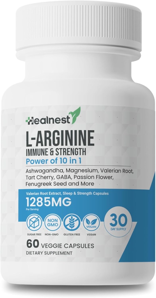 L-Arginine Capsules - 1285MG Blend of Ashwagandha, L-Theanine, Magnesium, GABA, Zinc & Tart Cherry – Muscle Recovery, Stress Relief, Mood Support – Non-GMO, 60 Veggie Capsules For Men And Women