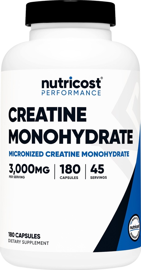Nutricost Creatin Monohidrat 3000 mg, 180 capsule (750 mg per capsulă) - Gluten Free, Non-GMO