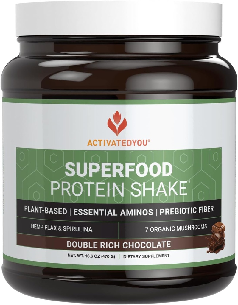 ACTIVATEYou Superfood Proteine Shake - Vegan Plant Proteina pulbere - cu organic 7 Mushroom Blend, Spirulina, și Goldrella Chlorella - promovează Integritatea musculară, Aroma de ciocolată (15 serviri)