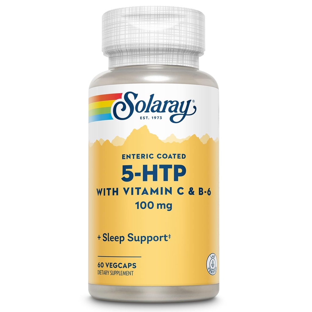 SOLARAY 5 HTP Supliment cu vitamina C & B-6 - Supliment de somn și suport de sinteză serotoninergică - Lab verificat, 60 de zile Money-Back Garanție - 60 Serviri, 60 VegCaps acoperite enteric