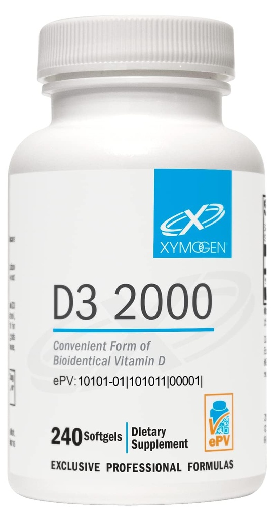 XYMOGEN D3 2000 - Vitamină biodisponibilă D3 2000 UI (50 mcg) - Supliment de vitamina D de înaltă potenţă pentru a sprijini sănătatea imună, sănătatea osoasă + a inimii (240 Softgels)