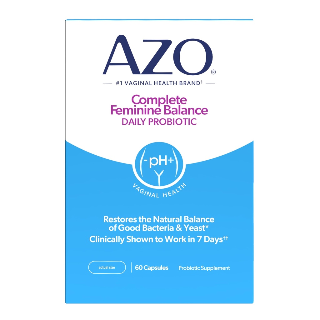 AZO Echilibru feminin complet Probiotice zilnice pentru femei, dovedit clinic pentru a ajuta la protejarea sănătății vaginale, ajută la echilibrarea pH-ului și drojdiei, non-GMO, 60 Conte