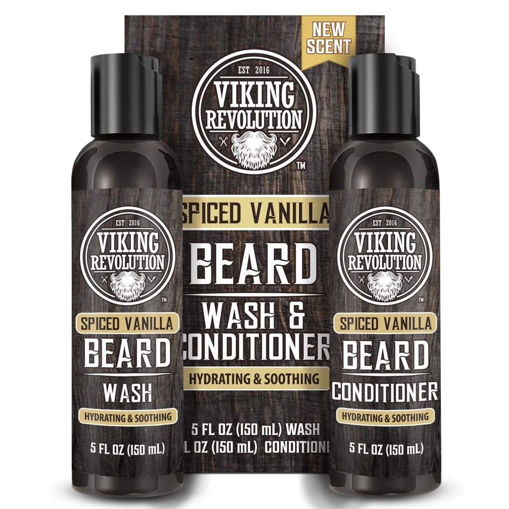 Viking Revolution Beard Wash and Beard Balsam pentru barbati cu ulei de argan si ulei de jobaba - Beard Softener and Consolidator Beard Care Beard Shampoo and Balsam with Beard Oil (5oz, Spiced Vanilla)