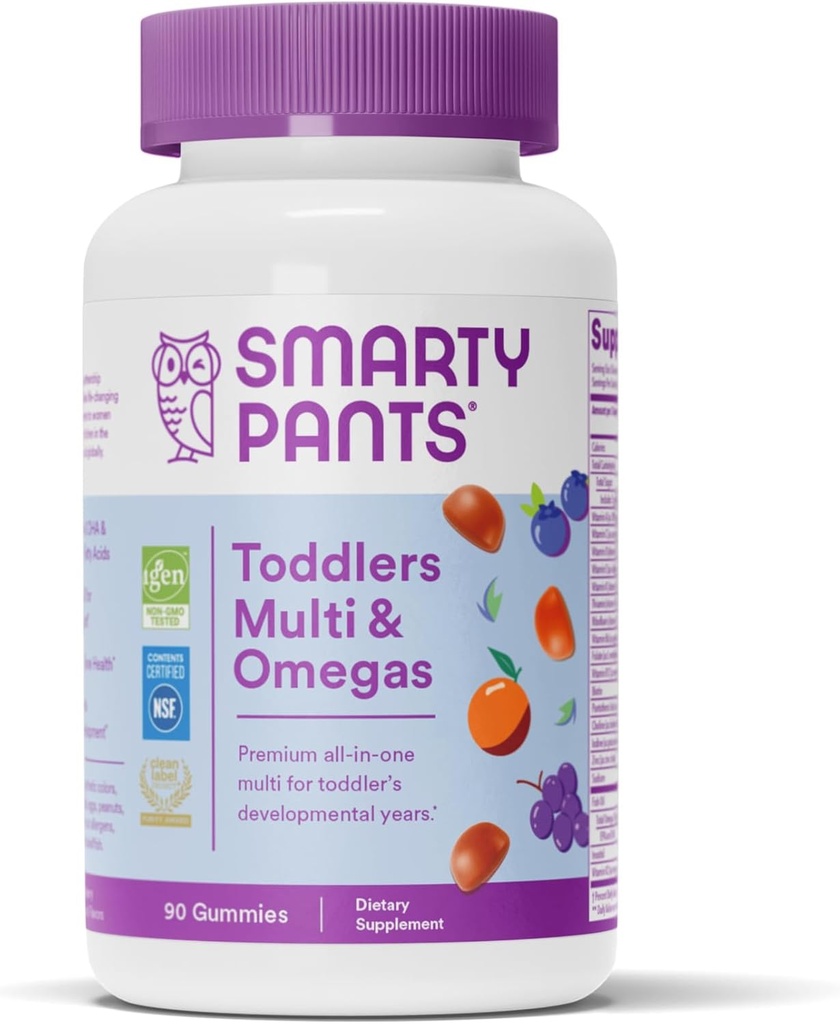SmartyPants Toddler Multivitamine Gummies: Omega 3 Fish Oil (EPA/DHA), Vitamina D3, C, Vitamina B12, B6, A, K & Zinc, Biotina, Beta Caroten, Gluten Free, Trei arome de fructe, 90 Conte (30 Day Supply)