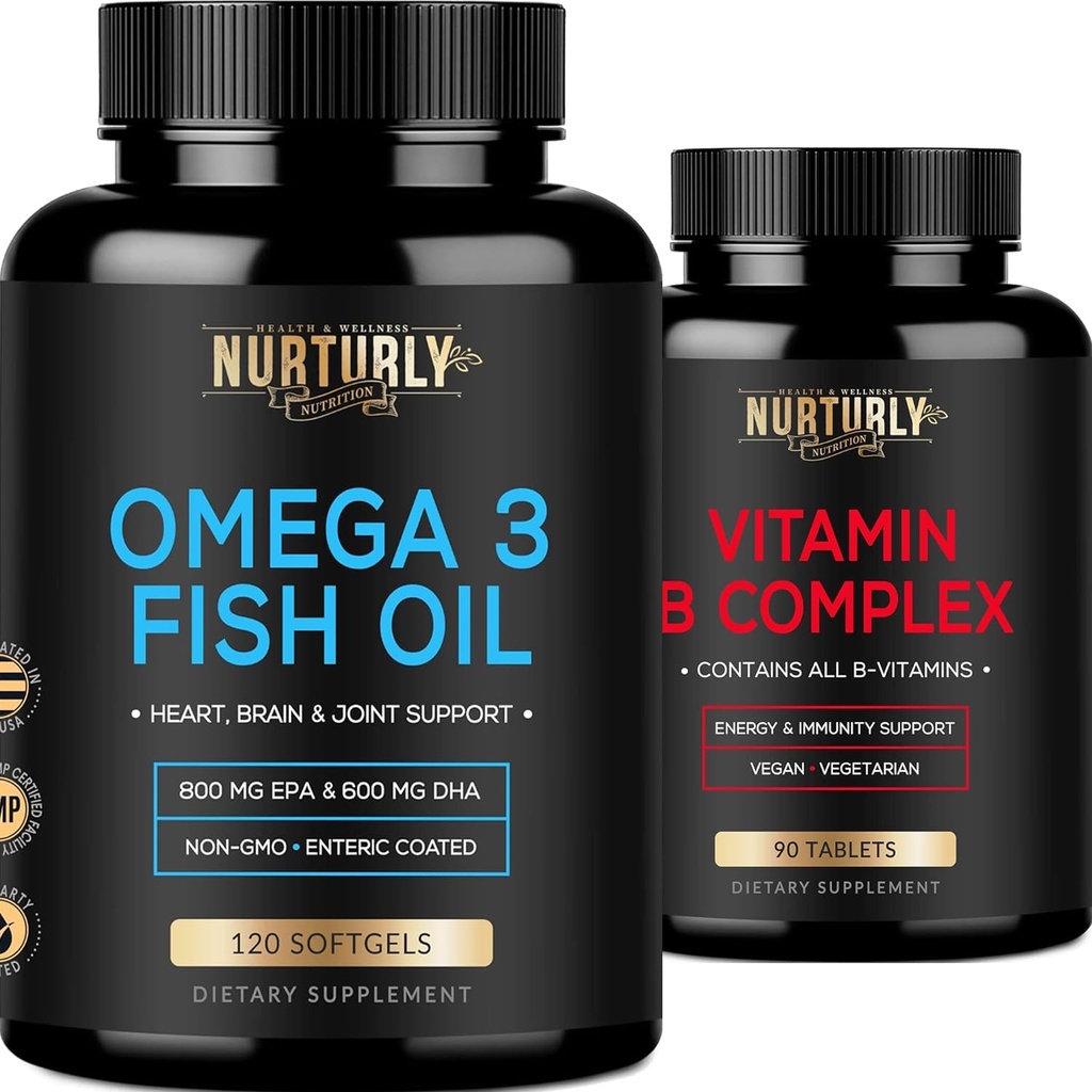 Vitamina B Complex și Omega 3 Ulei de pește - B Vitamine B1,B2,B3,B5,B6,B7,B9,B12 și Biotin Ulei de pește 2000mg, 800mg EPA și 600mg DHA - Energie, Imunitate, comun, Brain, și Heart Health
