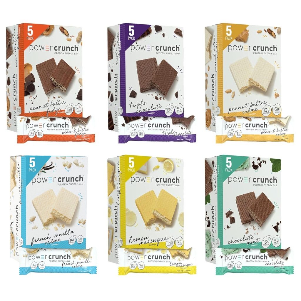 Power Crunch Protein Wafer Bars, Variety Pack, in 6 arome 1.4 Ounce Bars (30 Count). Gustări bogate în proteine cu gust delicios