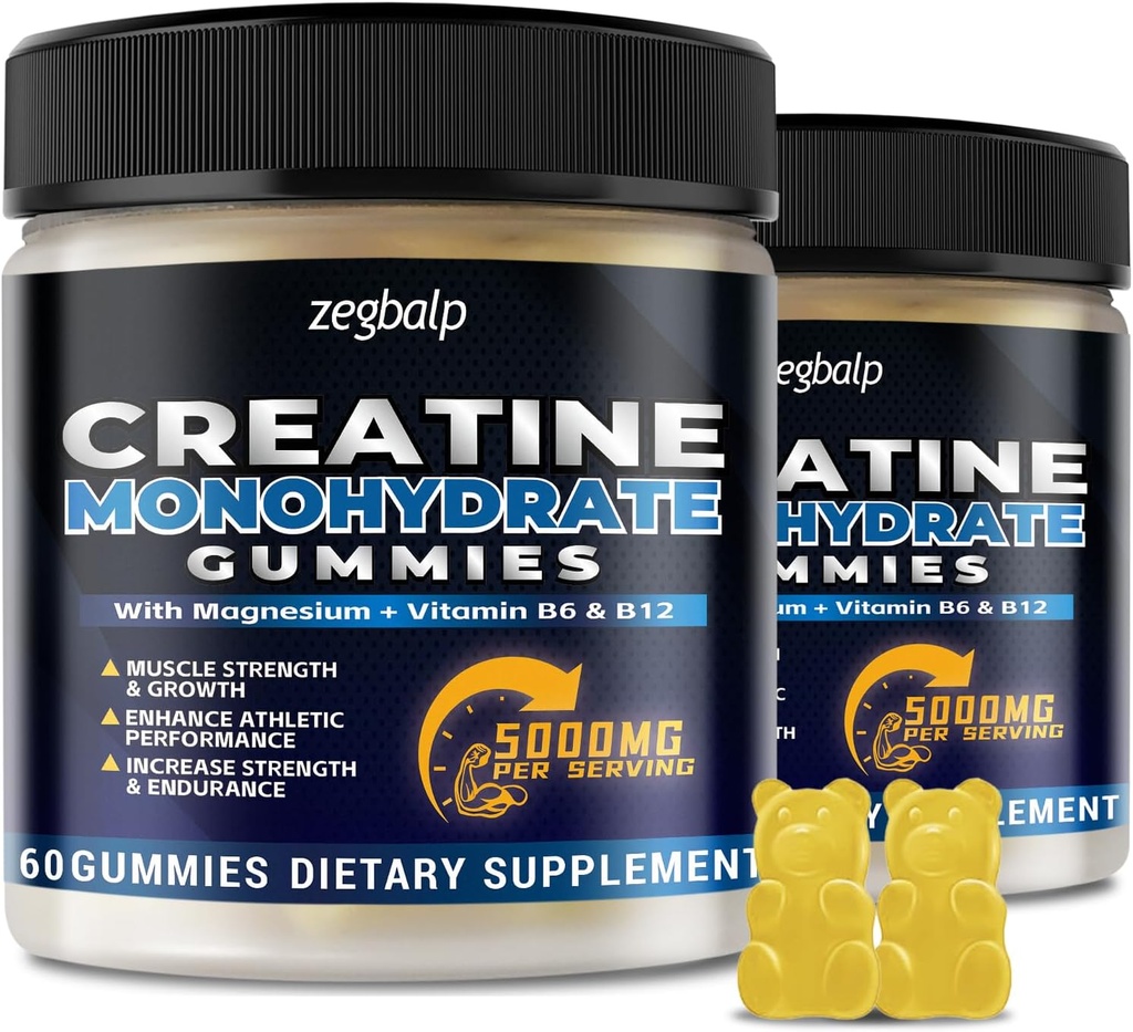 Creatin Monohidrat Gumries 5g pentru bărbaţi şi femei - Sugar liber Creatin Gummy 5000 mg cu magneziu Taurate, L-Taurină, vitamina B 6 & B12 pentru suport muscular, energie Boost, Pre-Garning, 120 Conte