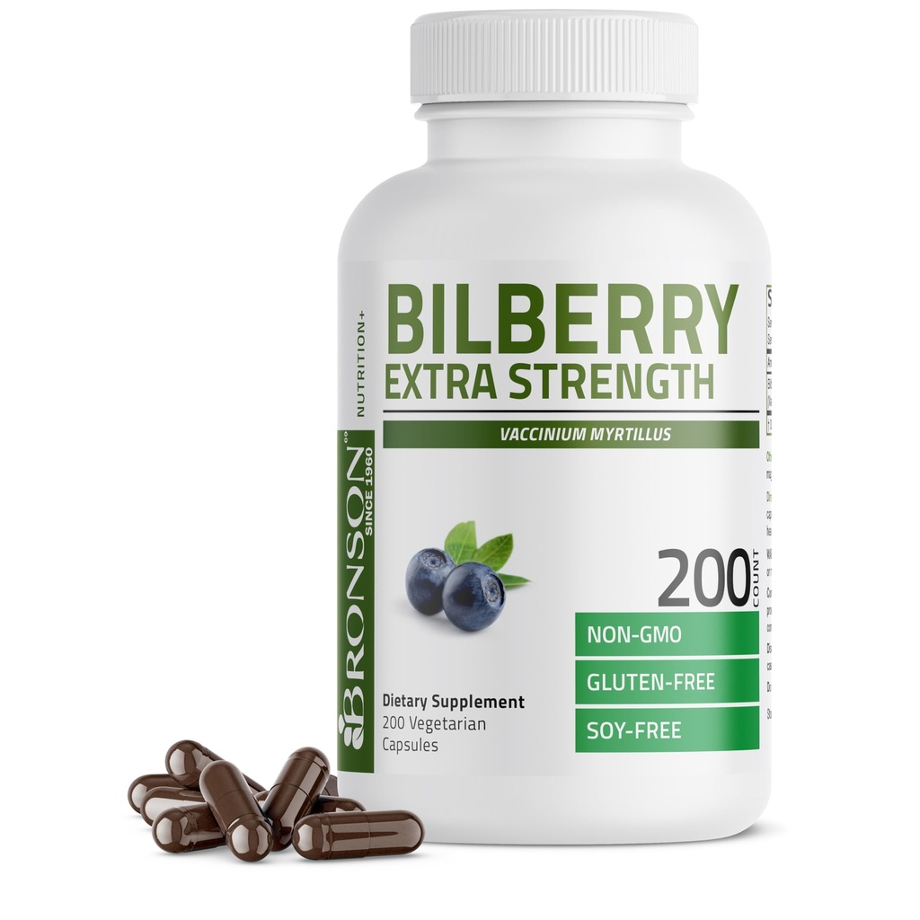 Bronson Bilberry Extra Force Vaccinium Myrtillus, Promoveaza sanatatea ochilor si sustine viziune sanatoasa - non OMG, 200 Capsule vegetariene