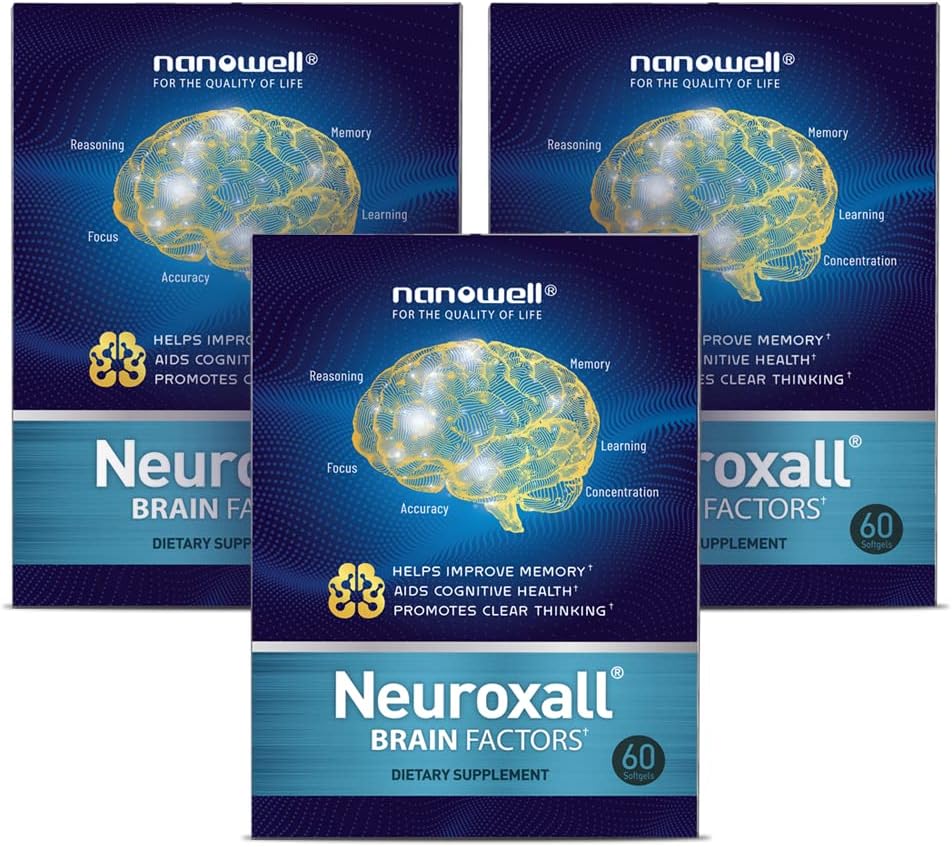 NANOWELL Neuroxall supliment de sănătate cerebrală pentru funcția cognitivă îmbunătățită și claritatea mentală, Astexanthin, Ginkgo Biloba Extract, Antioxidant - 60 Softgels X 3 cutii pentru 3 luni (180 Conte)
