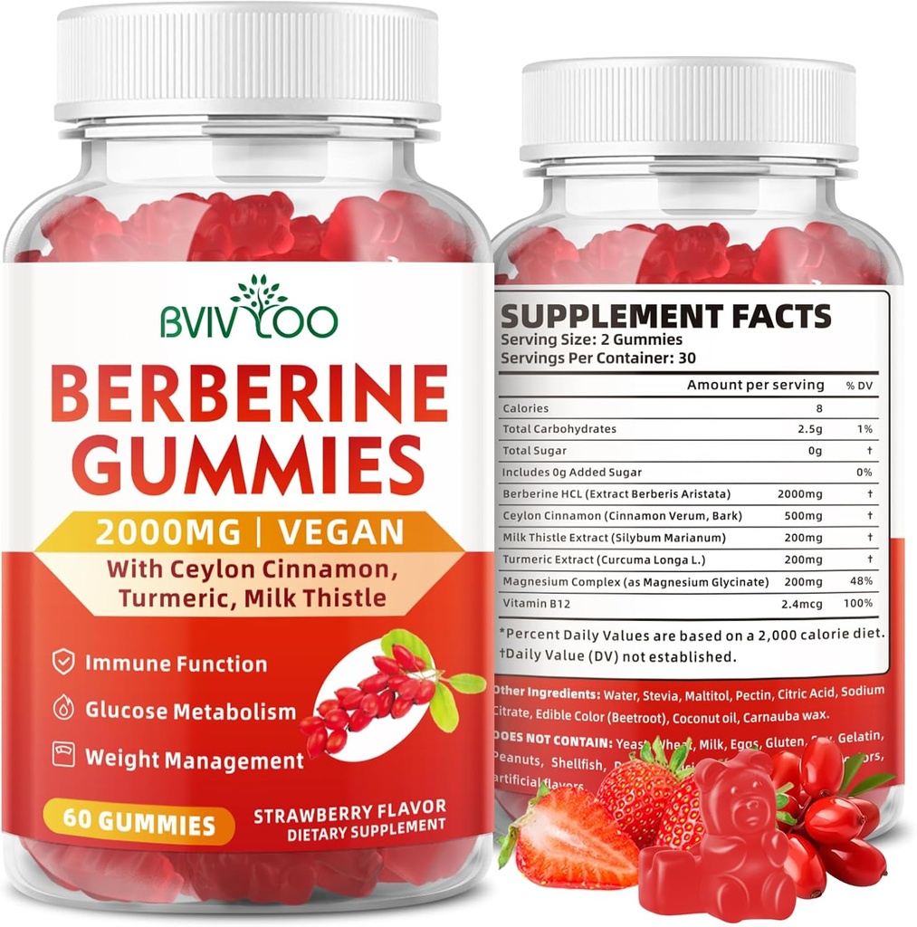 Berberine Gummies,Sugar Free 2000mg High Potence Berberine HCI Supliment, Plus Ceylon Scorțișoară, Milk Thistle pentru femei și bărbați, Sistem imunitar și suport metabolic - 60 Gummies