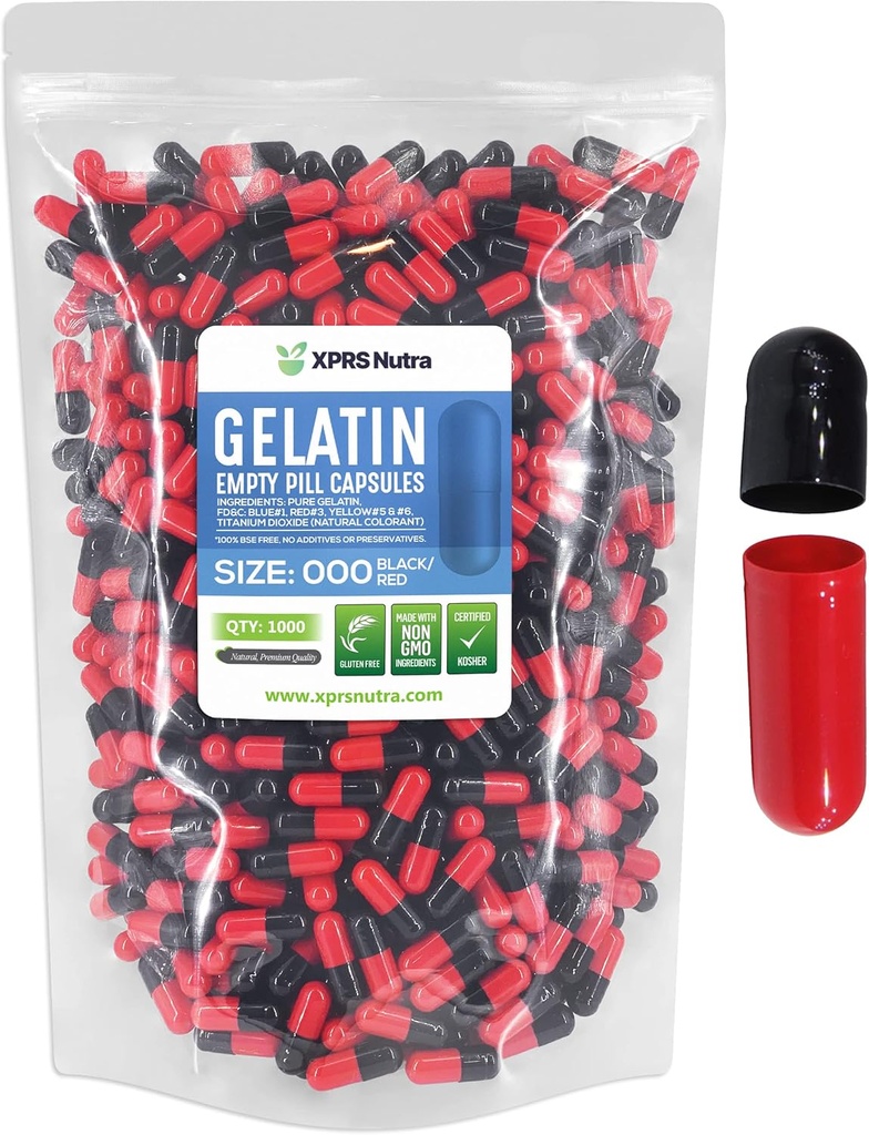 XPRS Nutra Dimensiune 000 Capsule goale - 1000 Conte mare capsule gelatinoase goale - Pastile pentru capsule suplimentare DIY Umplere - Capse de culoare umpluta Gel pastile pentru Do-It-Yourself Suplimente (Red/Negru)