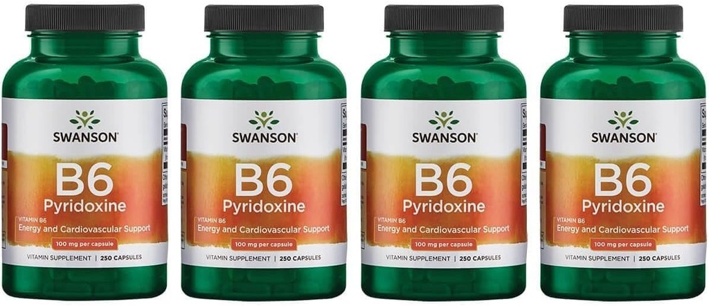 Swanson B6 Pyridoxine - Suplimentul de vitamine care promovează sănătatea cardiovasculară și metabolismul energetic - Formula naturală de promovare a bunăstării globale - (250 capsule, 100 mg fiecare) (4 ambalaj)