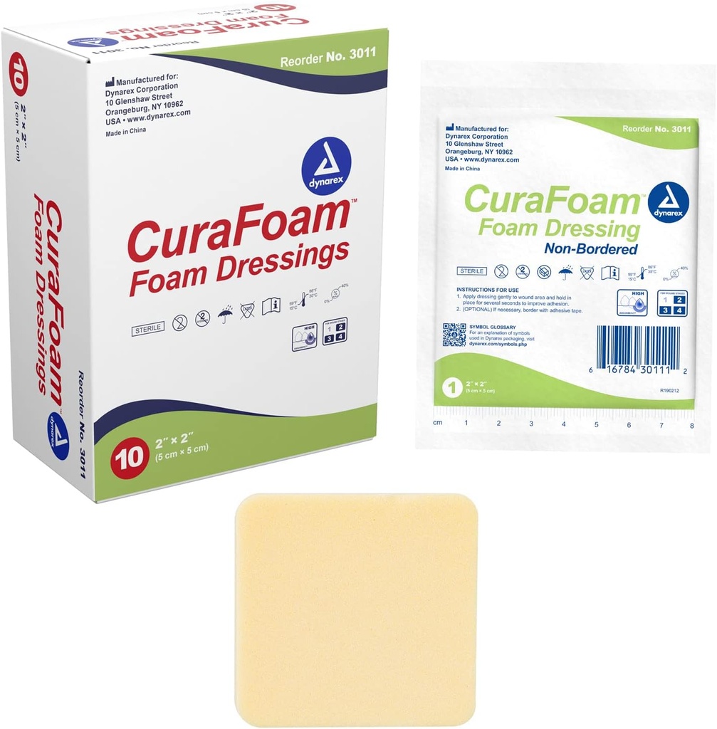 Dynarex 3011 CuraFoam Spray dressing, Non-Borded, Steril, Provoacă Cushioned and Moist Wound Care, 2" x 2," Pachet de 10