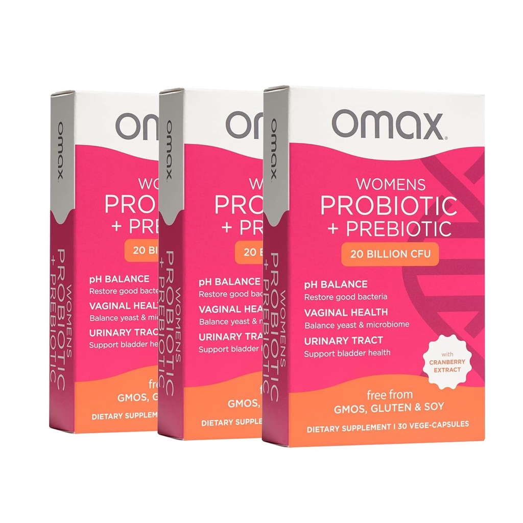 Omax3 Womens Probiotic + Prebiotic, Cranberry & Cicoare Root, 20 Miliarde CFU, 6 Straine dovedit clinic, pH vaginal, UTI, Bloating, (Packaging May Vary)