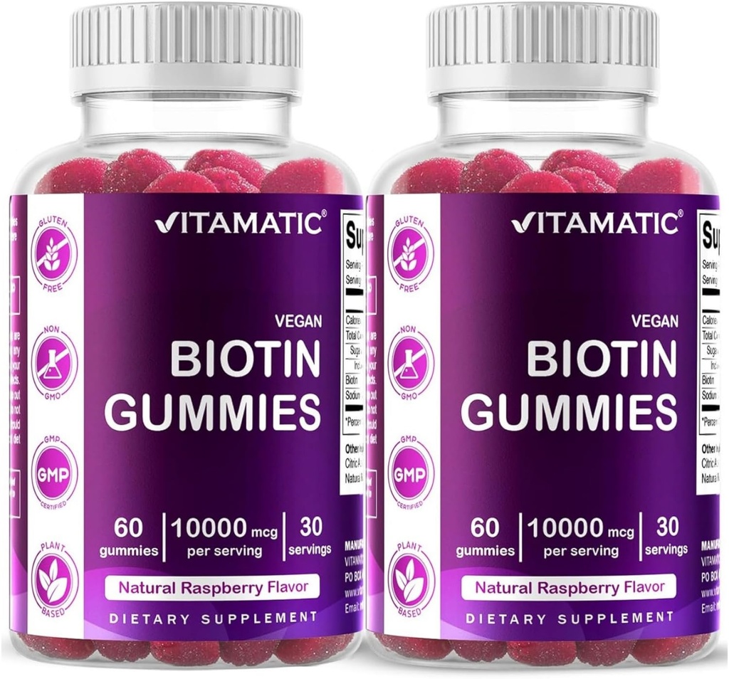 Vitamatic Biotin Gummies 10.000 mcg pentru parul mai puternic, piele si unghii - 60 Vegan Gummies - De asemenea, numit vitamina B7 (2 sticle)