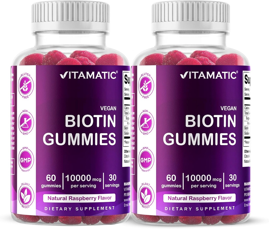 Vitamatic Biotin Gummies 10.000 mcg pentru parul mai puternic, piele si unghii - 60 Vegan Gummies - De asemenea, numit vitamina B7 (2 sticle)