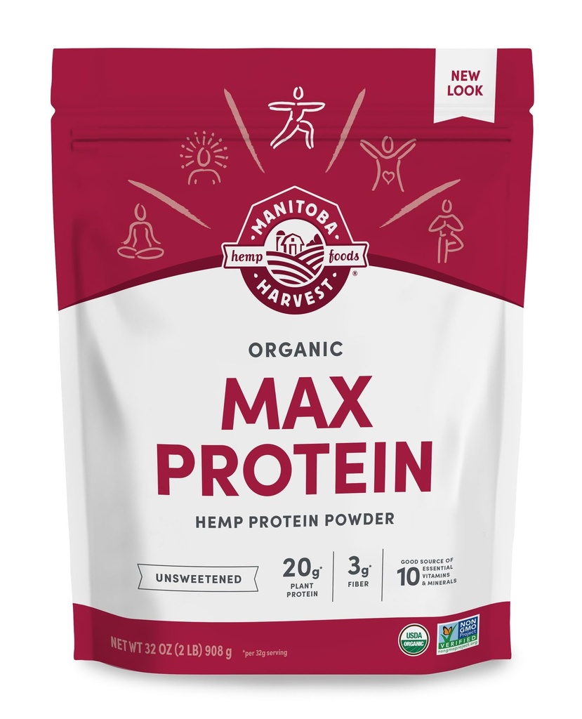 Manitoba Harvest Hemp Yeah Organic Max Proteine Powder, Neîndulcit, 32oz, cu 20g Proteina si 4.5g Omegas 3&6 per Serving, Keto-Prieten, Conservativ gratuit, non-GMO, ambalare mai Vary