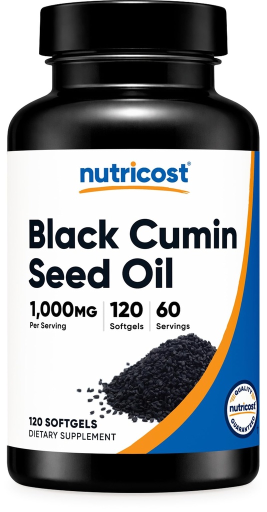 Nutricost Black Seed Oil (Cumin) - presat la rece, Sursa de Omega 3 6 9-120 Softgels, 1000 mg Per Serving, 60 Servings - non-GMO și Gluten Free