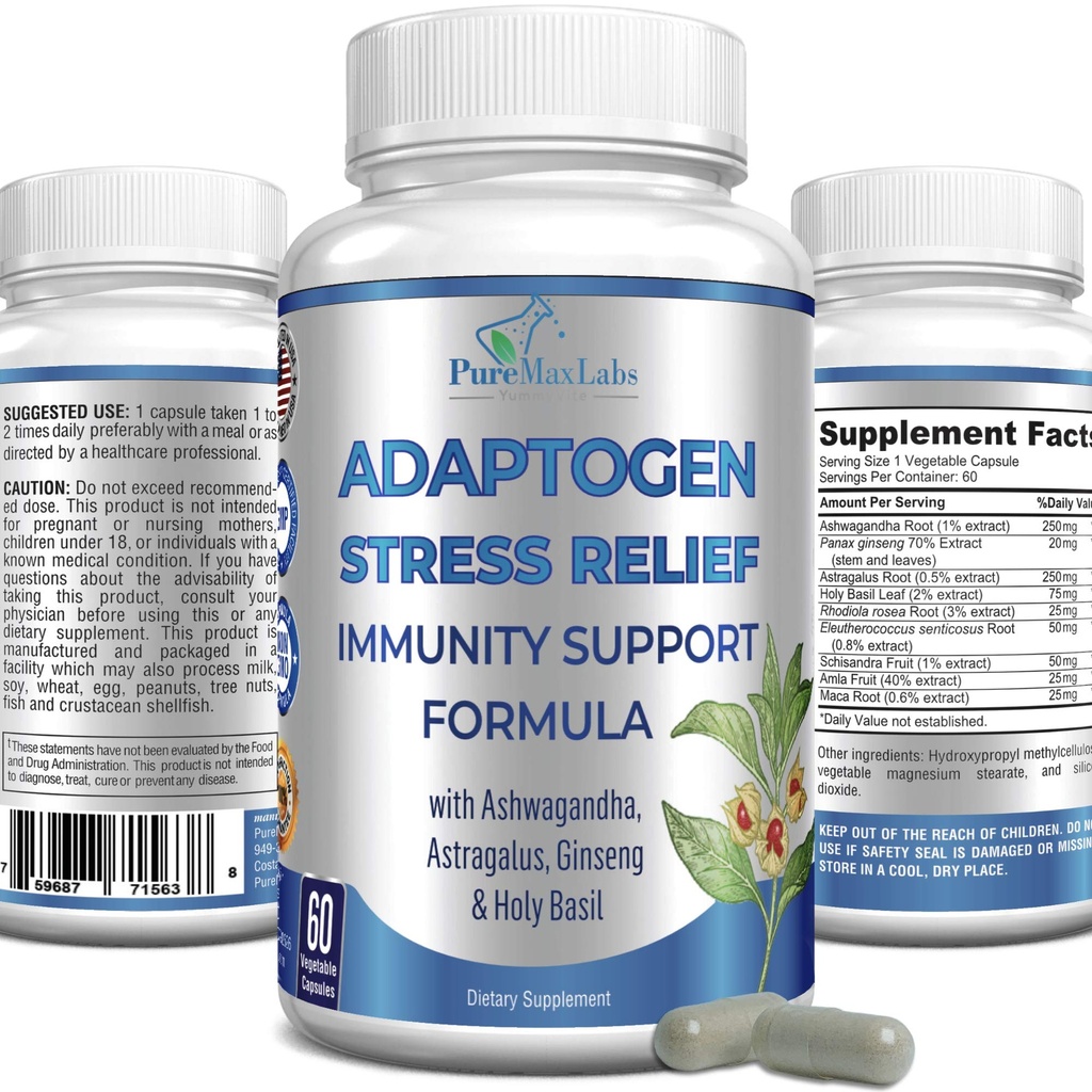 Adaptogen Stress Relief Immune Support Formula - Adaptopogen Adrenal Support with Ashwagandha, Astragalus, Ginseng, Holy Basil, Rhodiola, Amla, Maca, Schisandra, Non-GMO - 60 Capsule