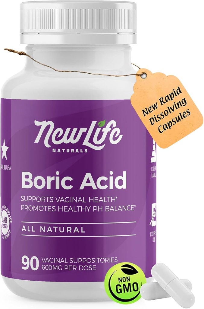 NewLife Naturals - Gradul medical Boric Acid Vaginal Sabitoare - 600mg - 100% Femei pure pH Balance Pastilele - Drojdie Infectie, BV - 90 Capsule: Made in USA