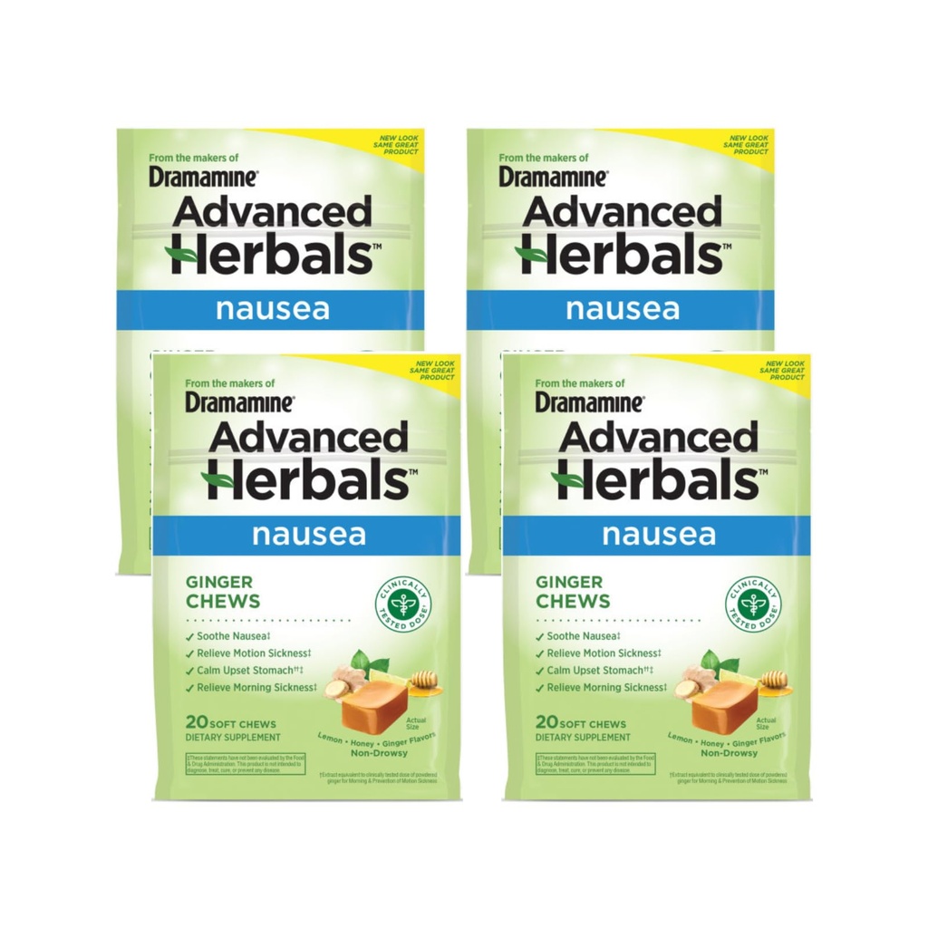 Dramamine Ginger Chews, ajută cu greaţă, Lemon Honey Ginger Flavor, 20 Soft Chews (Pachet de 4)