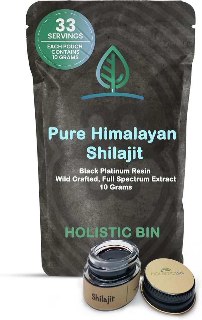 Holistic Bin Shilajit Resin - Himalayan Fulen & Trace - Black Platinum Resin - Extract de Shilajit - Amestec în lichide - servire Spoon Inclus - 10g