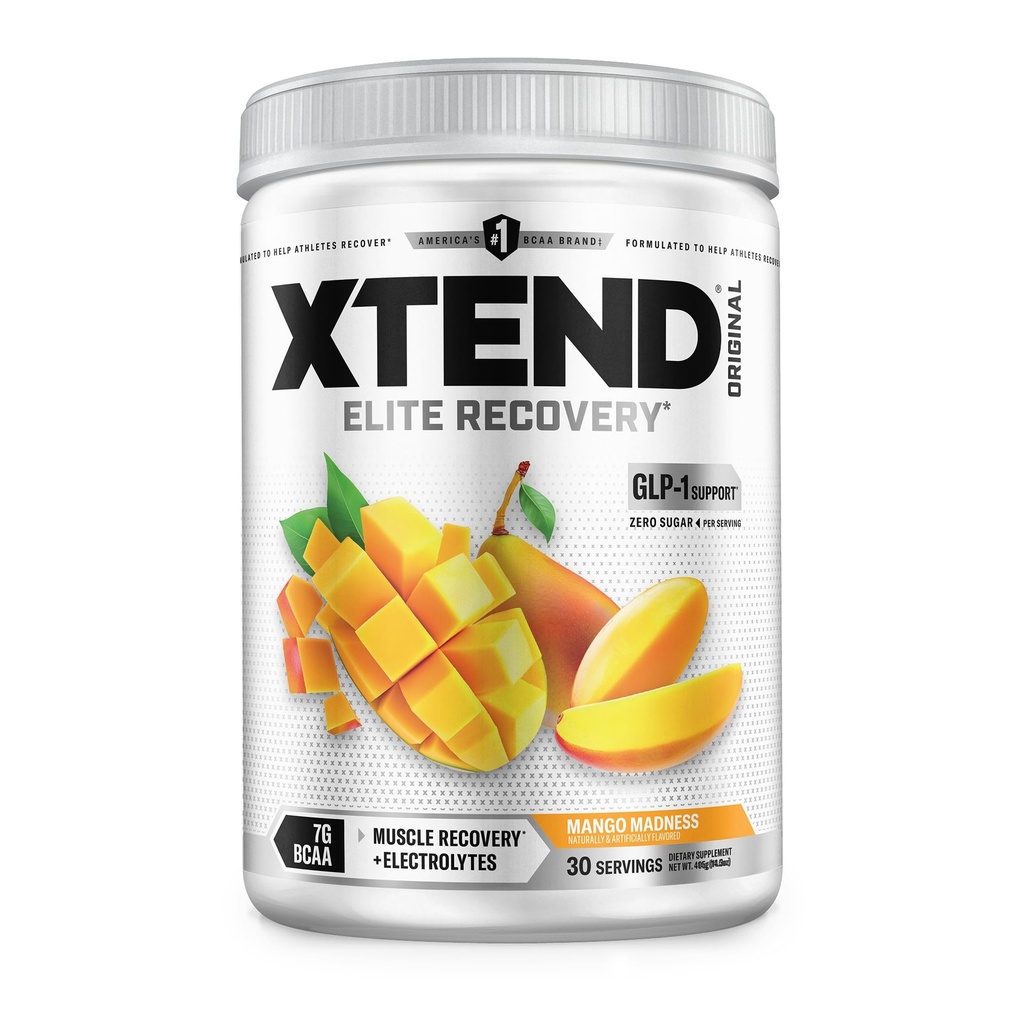 Xtend Original BCAA Powder, 7g BCAAs și 2,5g L-glutamină pentru recuperare musculară Hidratare și Lean Muscle, Sugar Free Intra și Post Workout Bea cu Electroliți, Mango Madness, 30 Serviri