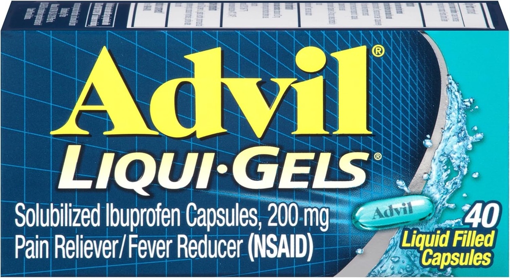 Advil Liqui-Gels Durere Reliever și Reducere Febră, Medicina de durere pentru adulți cu Ibuprofen 200mg pentru dureri de cap, dureri de spate, dureri menstruale și ajutor de durere articulară - 40 capsule umplute cu lichid