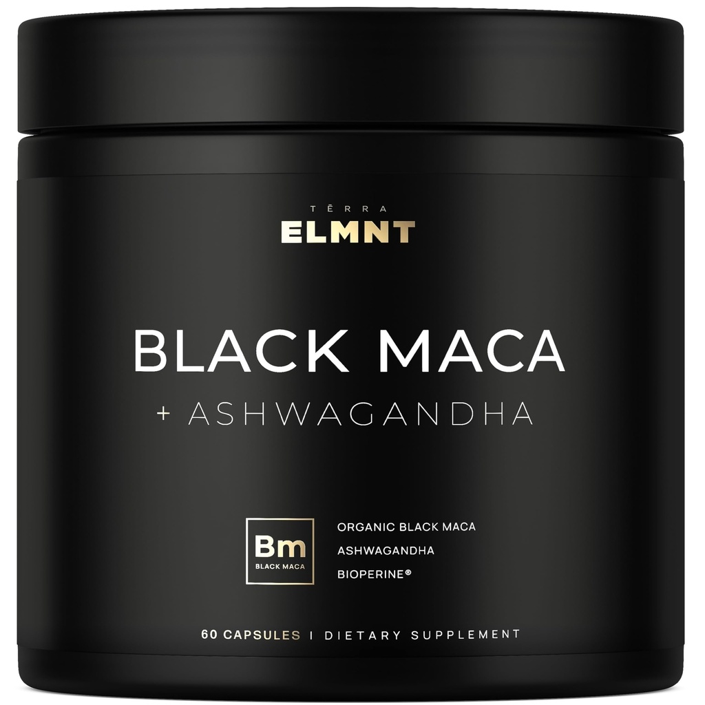 ELMNT 40 000 mg 40x Putere Organic Black Maca Root w. Ashwagandha - #1 Cel mai mare potenta Black Maca capsule rădăcină pentru bărbați Supliment 40:1 Extract - 100% pur Maca Peruana Maca pulbere Pastilele Gelaminate
