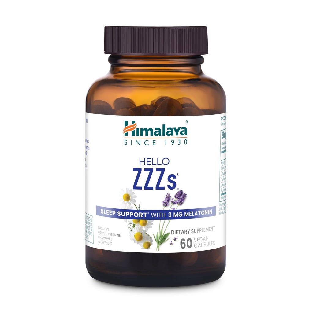 Himalaya Hello ZZZs, 60 de zile de aprovizionare - Herbal Sleep Supplement with Melatonin, GABA, L-Theanin, Lavender, Chamomile și Lemon Balm - Vegan, Non-GMO, Gluten Free, 60 capsule