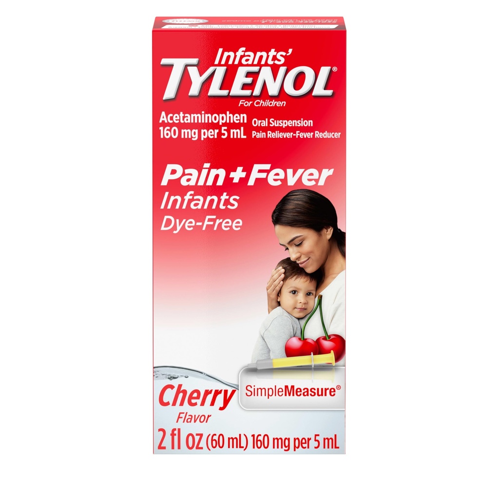 Tylenol Liquid Pain Relief și Fever Medicine, Suspensie orală, Acetaminofen Dye-Free pentru gât Sore, Dureri de cap și dinți, Reducator de febră pentru copii; Aroma de cireșe, 2 fl. oz.; Pachet de 1