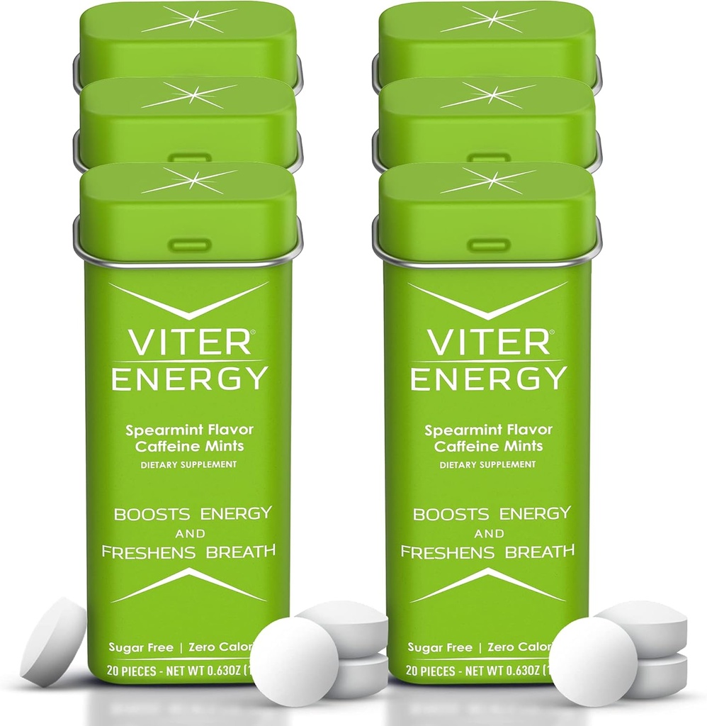 Viter Energy 40mg Caffeine Mints - Sugar Free, B Vitamine, Vegan, Boosts Fast Energizat Alert Focus, Cafeinated Nootropic Supliment Pastile (Spearmint Flavor, 20pcs, 6 Pack, 120pcs Total)