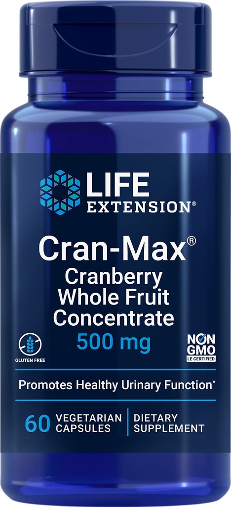 Life Extensie Cran-Max®, 500 mg, Cranberry Concentrat de fructe integrale, promovează sănătatea tractului urinar cu antioxidanți puternici, gluten-free, vegetarian, non-GMO, 60 capsule