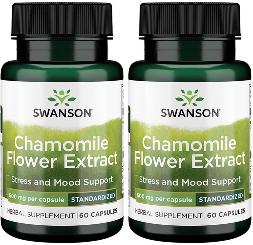 Swanson Chamomile Flower Extract 500 Milligrame Standardizate la 1,2% Apigenin 6 mg per capsulă 60 Capsule (2 ambalaj)