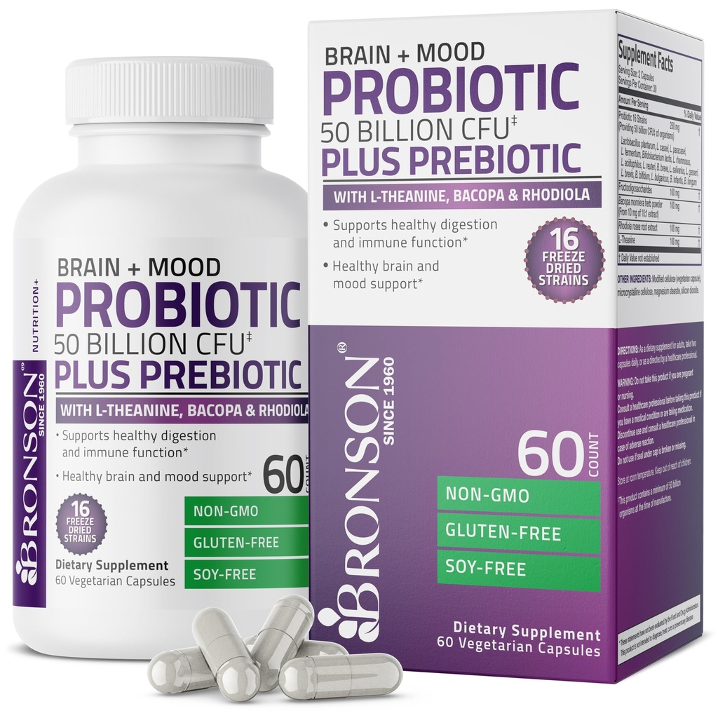 Bronson Brain + Mood Probiotic 50 Miliarde CFU Plus Prebiotic cu L-Theanină, Bacopa și Rhodiola Non-GMO, 60 Capsule vegetariene
