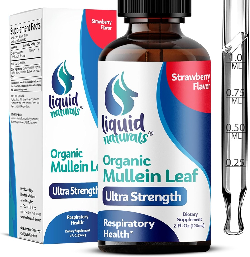 Mullein picături pentru plămâni, 2 Fl. Oz, Mullein Extract de frunze pentru plămâni Flavor căpșuni, Mullien Lung Detox și Cleanse, Mullen Tincture Suport pentru respirație sănătoasă