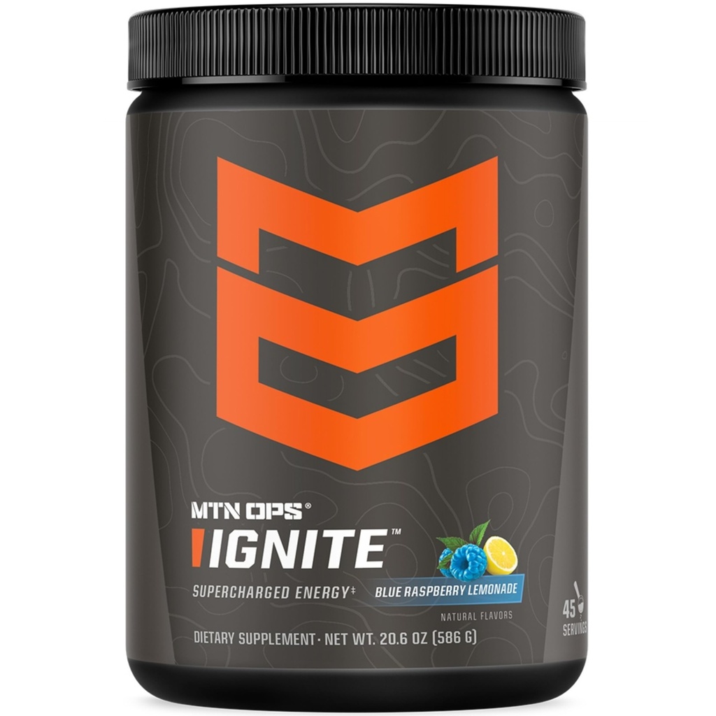 MTN OPS Ignite Energy Drink Powder, Gluten Free Nootropic Supplement Drink Mix, L Arginine, L Citruline, Cafeina & Nootropic Sugar Free Drink Mix, 45 Servings, Blue Zmeură Lemonade
