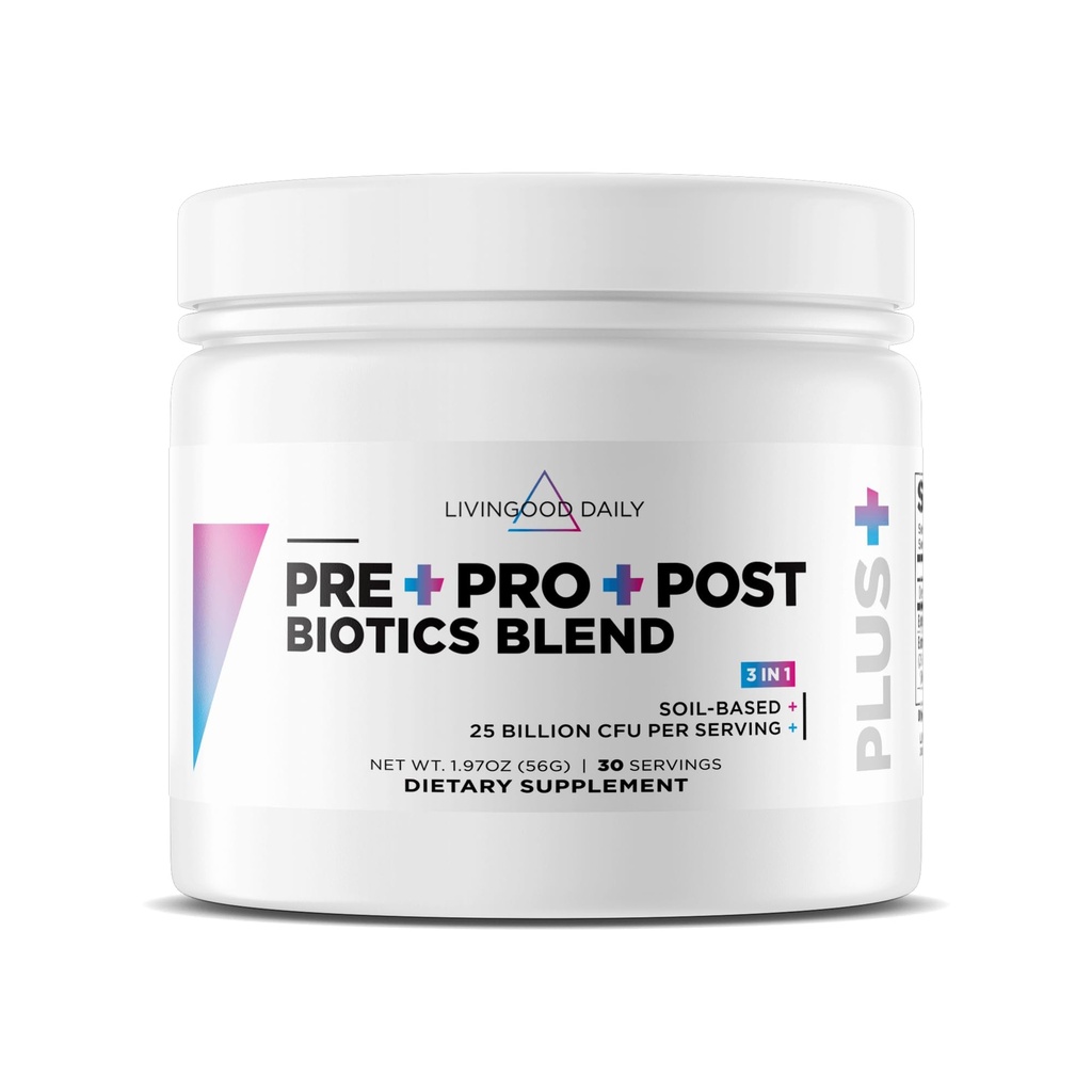 Livingood Daily Pre Post Biotics Blend Powder, Digestive Health Supplement with Prebiotics from Organic Blue Agave Inulin, SBO Probiotices, Probiotics for Women & Men, Non OMG, Vegan, 30 Servings