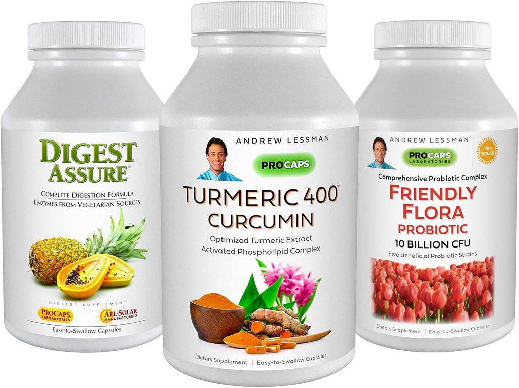 ANDREW LESSMAN 3 produs Digestive Bundle - 30 capsule fiecare din Turmeric 400 Curcumin, Digest Asure & Ultimate Friendly Flora. Suport & Îmbunătățește procesele digestive sănătoase.