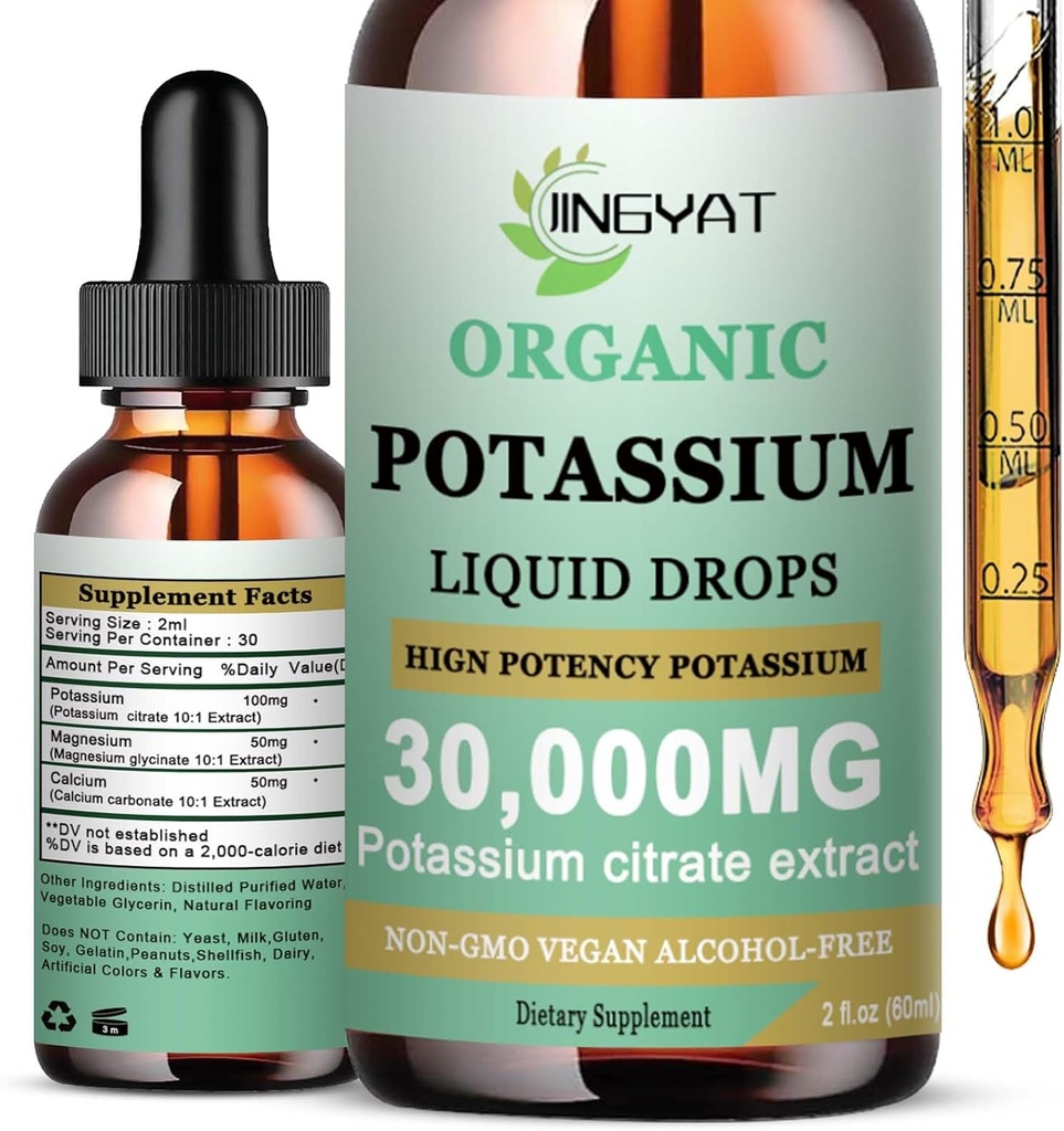 Potasiu Magneziu Picături lichide - Supliment lichid organic - Citrat de potasiu de înaltă absorbţie 1000 mg Magneziu Glicinat 500mg Calciu pentru inimă, Crampe & musculare - non-GMO, Vegan, 2 oz