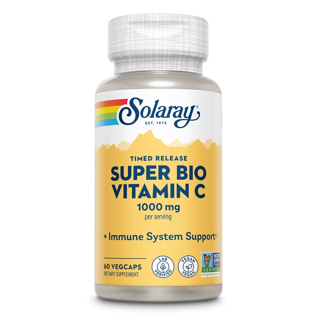 SOLARAY Super Bio Buffered Vitamina C 1000mg, două etape, Timed Release Vitamina C cu Bioflavonoids, Immune Supplement - Absorbție ridicată, Vegan, 60 Ziua Garanție, 30 Servings, 60 VegCaps