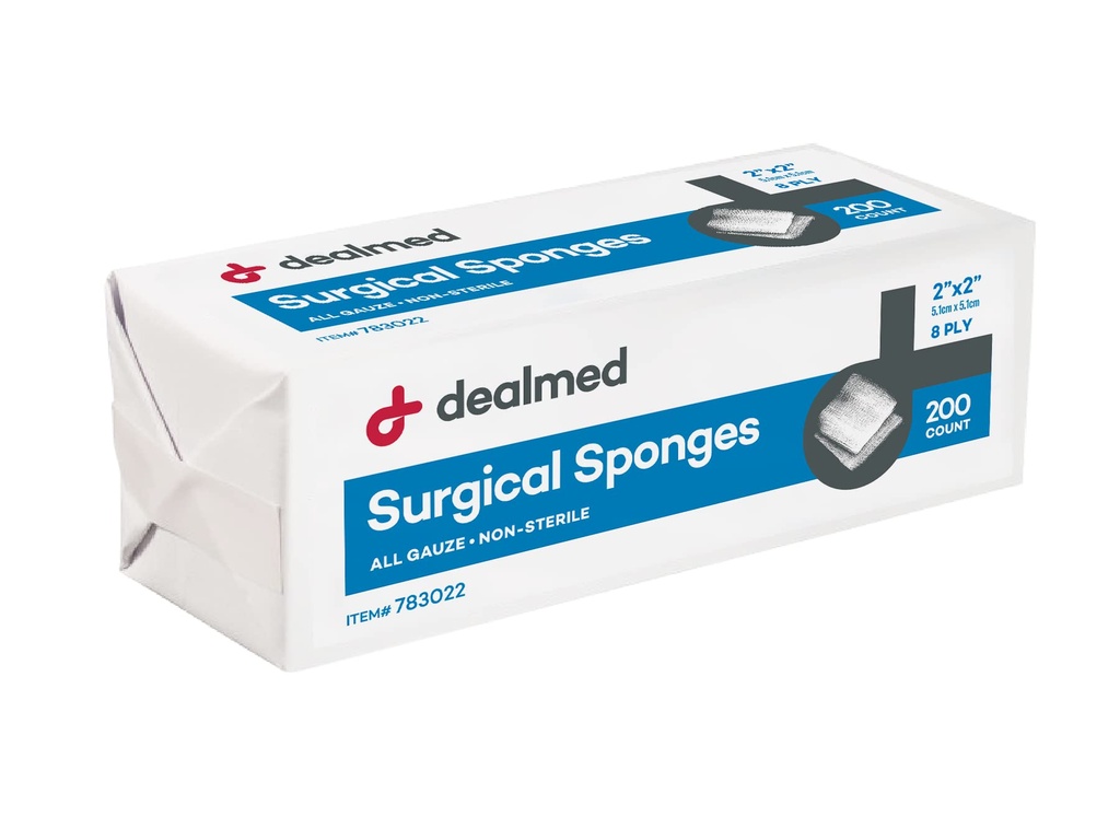 Dealmed 2" x 2" Bureți chirurgicali, 8-Ply, Spongee anti-Woven pentru îngrijirea rănilor, truse de prim ajutor și facilități medicale, 200 Conte (Pachet de 1)