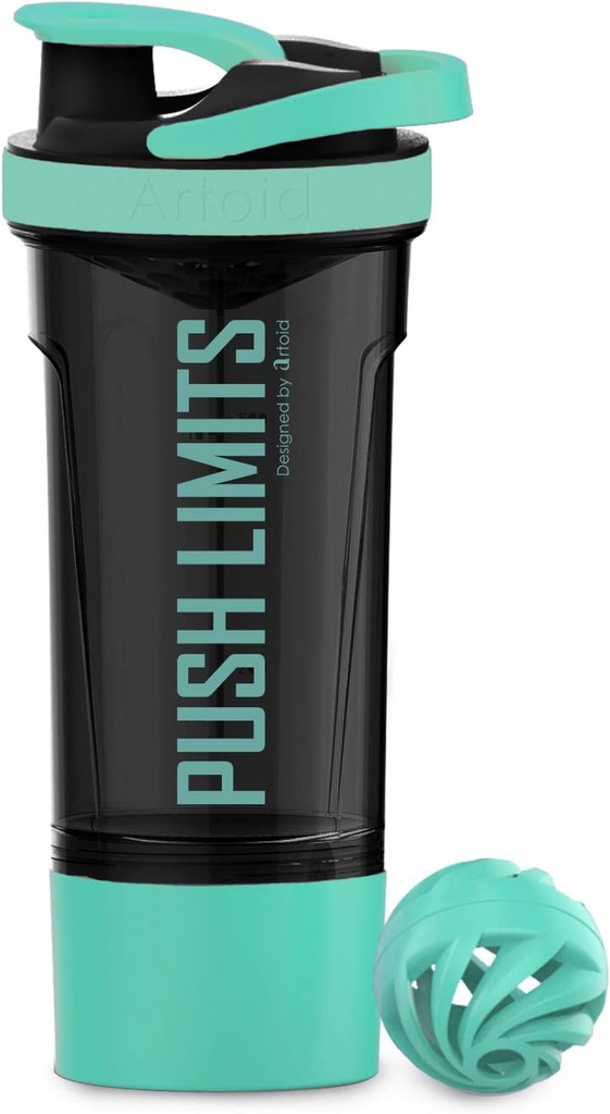 Mod artoid 24-Once Proteine Shaker Sticla, Dual Mixing Technology, BPA gratuit, Aqua Green/Black