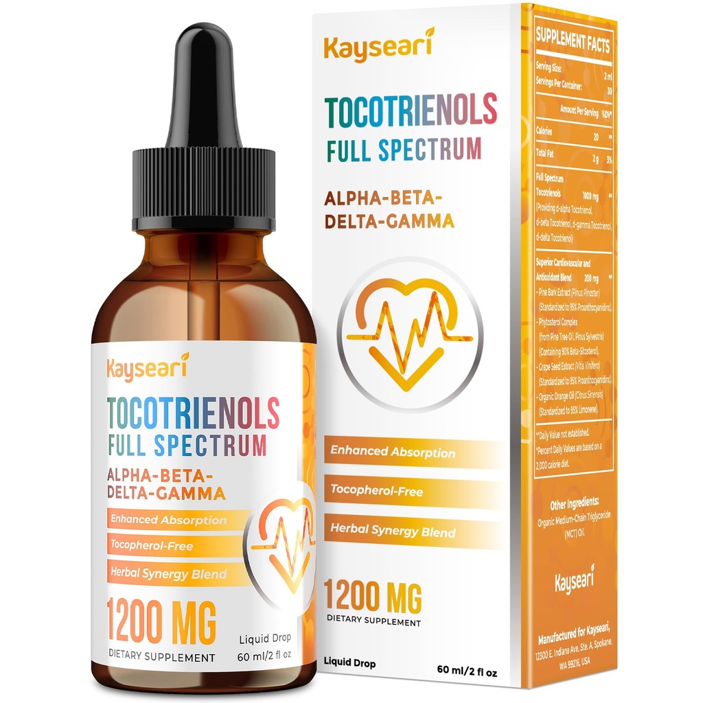 Spectrul complet de Tocotrienols Supliment 1200mg- Tocotrienol Vitamina E lichid,Tocopherol-Free - amestec superior antioxidant - Absorbție mai mare - 2 fl oz,30 Serviri