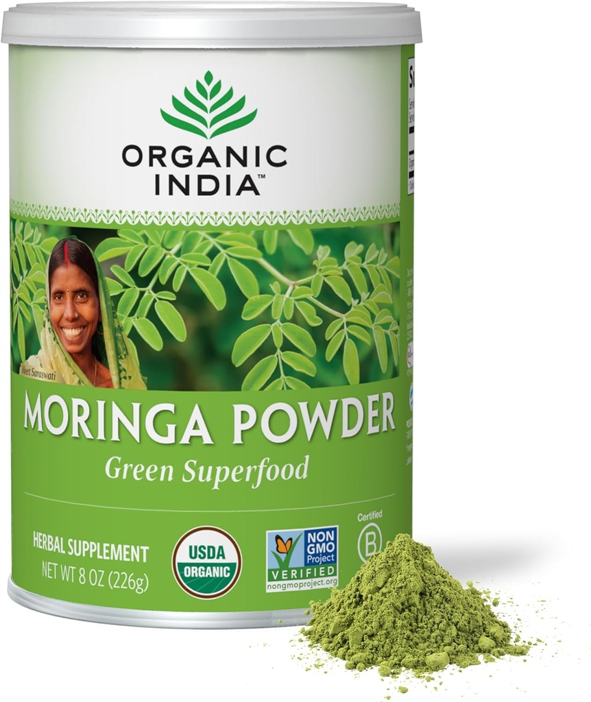 ORGANIC INDIA Moringa Powder - Moringa Oleifera Leaf Herbal Supplement, Green Superfood, Nutrient Dense, Proteina pura de plante, Vitamina A, E, K, Fier, Calciu, Fiber, Vegan, USDA Certified Organic - 8 oz