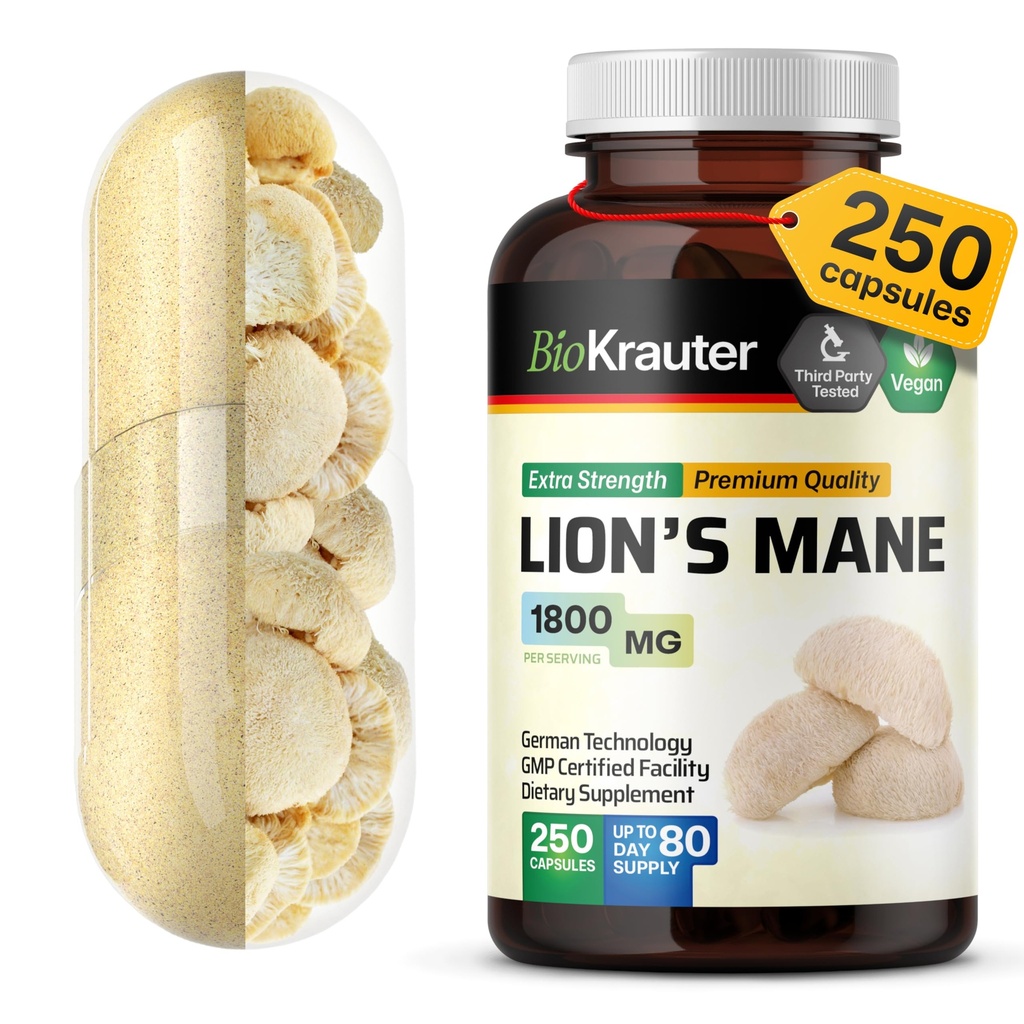 BIO KRAUTTER Lions Mane Supliment Capsule 1800 mg - 250 Conte - Vegan Lions Coama pulbere Supliment pentru suport cerebral - 3 luni de aprovizionare - Nu Fillers
