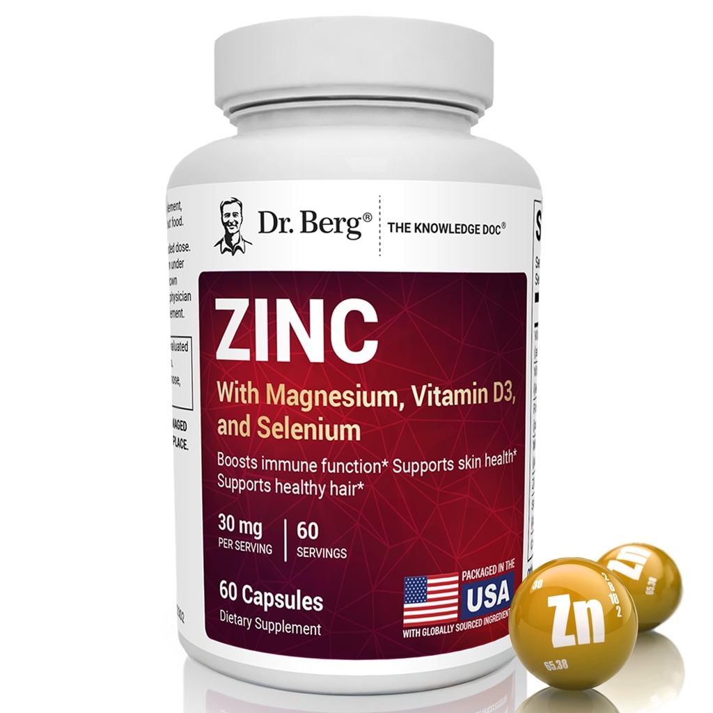 Berg Zinc 30mg imbunatatit cu magneziu, vitamina D3, Seleniu, & Cupru - Suplimente de zinc pentru barbati si femei - Zinc Chelated pentru imune, piele, par, & Suport pentru unghii * - 60 capsule