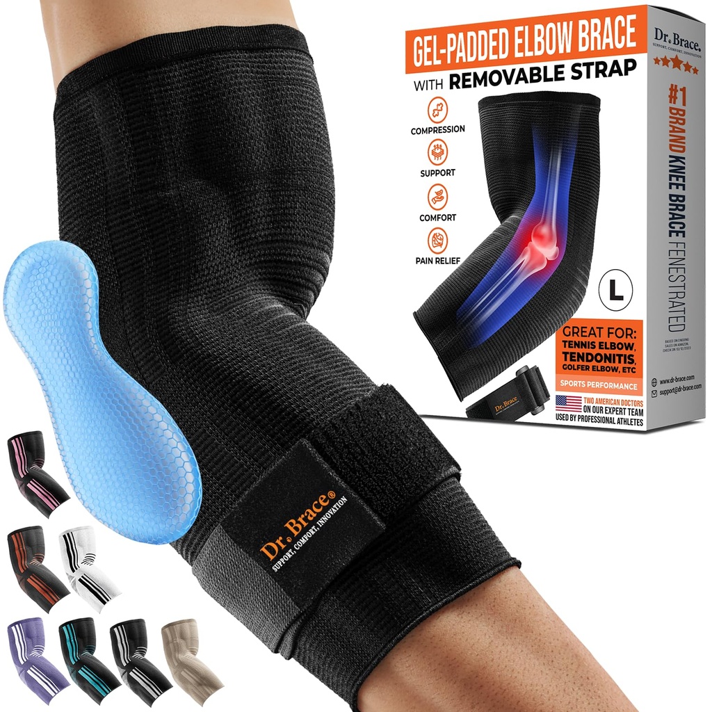 Brace® Elite Elite Elbow Brace Support, Respirabil Elbow Compression Maneca cu gel Pad pentru Golfer, Tennis Elbow & Tenditis Tratament & Pain Relief 2024 (Black, Large)