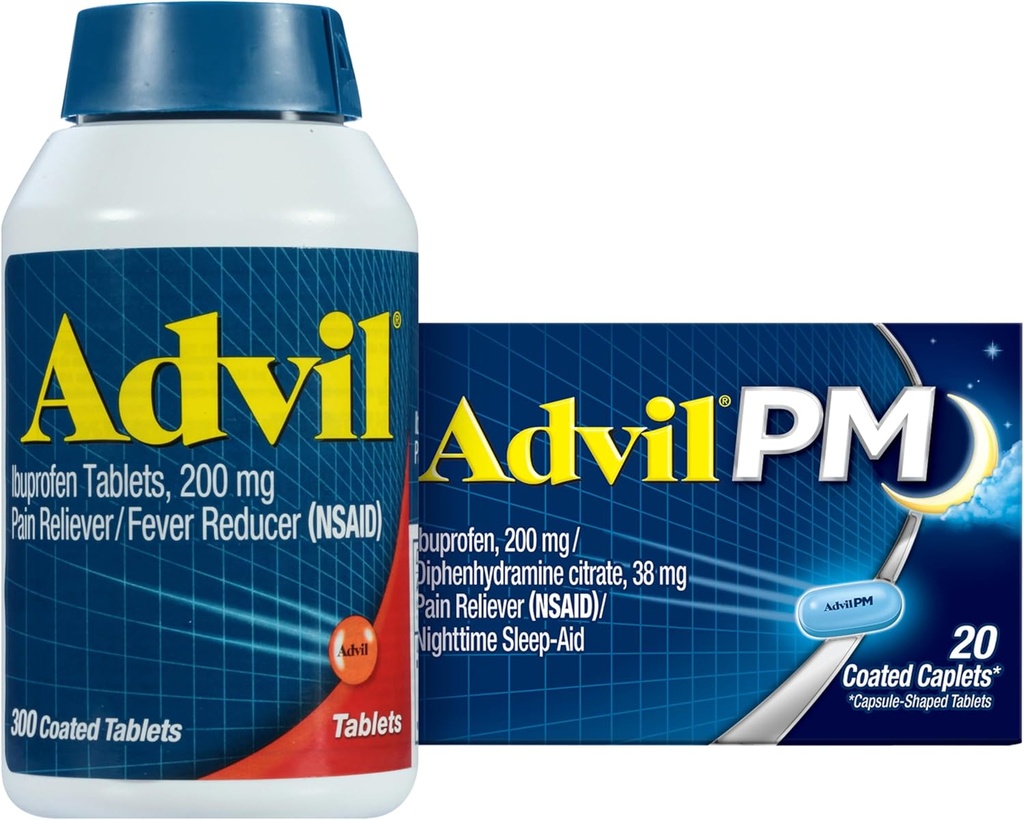 Advil Pain Relieiver și Reductor de febră, Ibuprofen 200mg pentru ameliorarea durerii - 300 Conte, Advil PM Durere Reliever și somn de noapte Ajutor, Ibuprofen pentru calmarea durerii și difenhidramină Citrat - 20 Conte